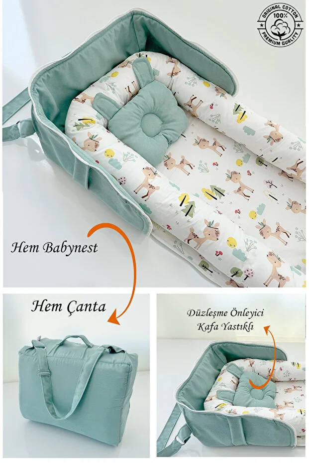 Çantalı Babynest Taşınabilir Anne Yanı Yeşil Renk Ceylan Tasarımlı Babynest
